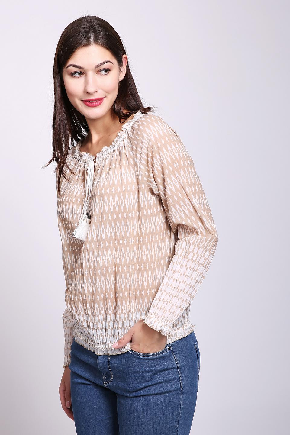 Блуза SE Stenau, бежевая, с принтом и кисточками