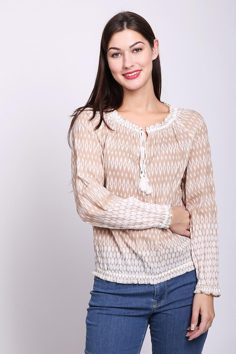 Блуза SE Stenau, бежевая, с принтом и кисточками