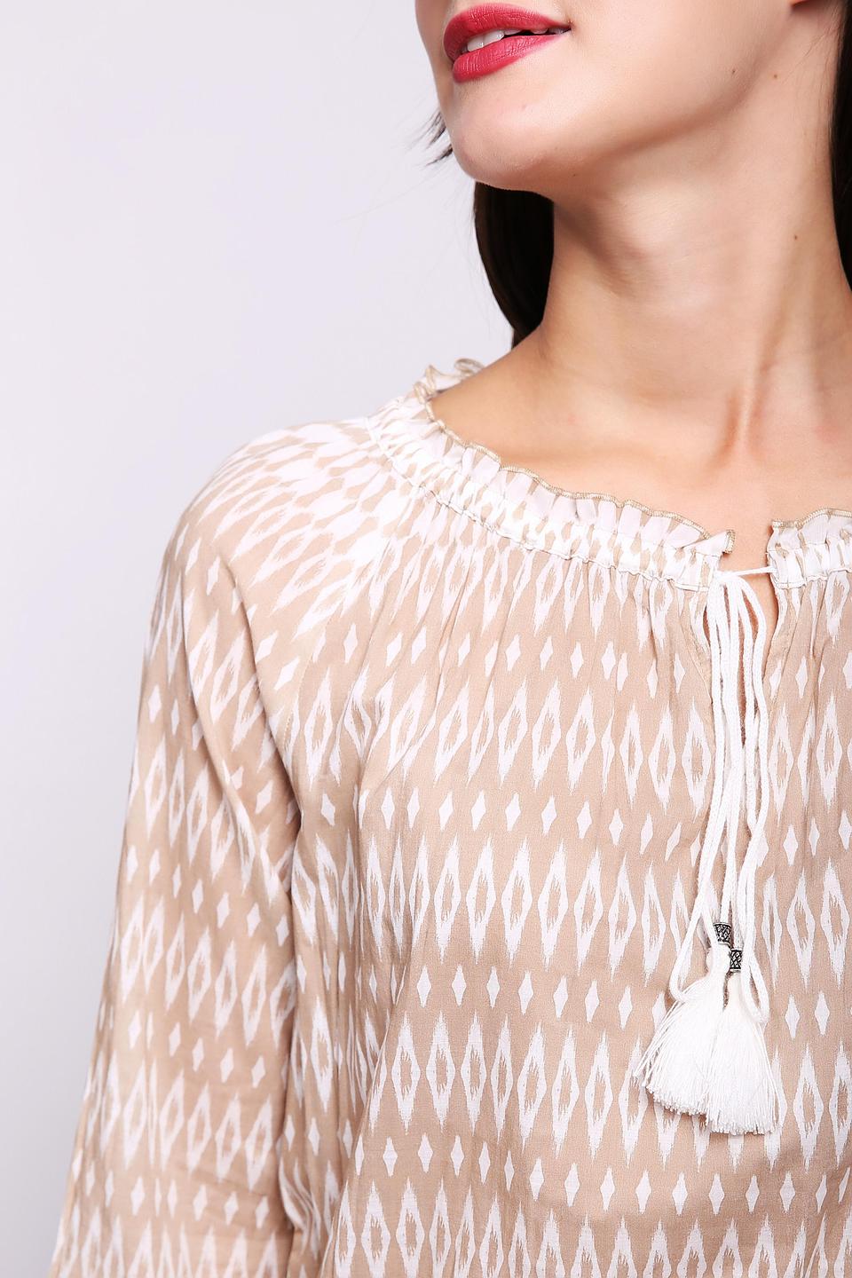 Блуза SE Stenau, бежевая, с принтом и кисточками