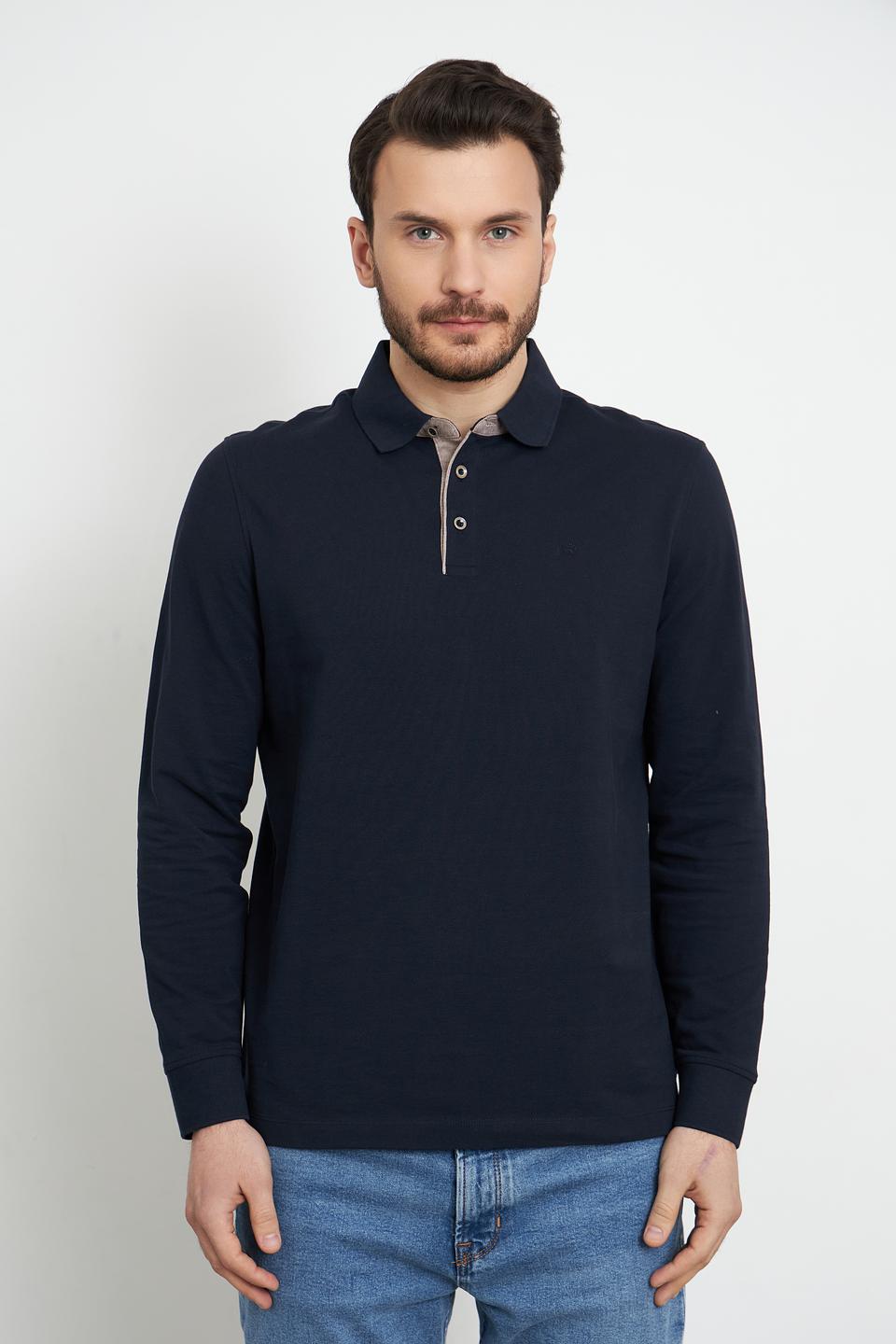 Поло Bugatti с длинным рукавом тёмно-синее