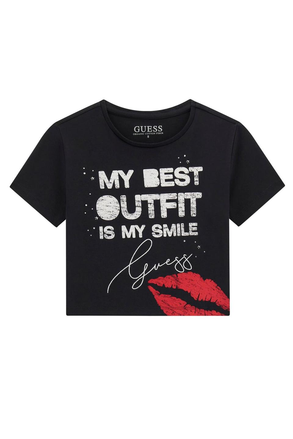 Чёрная укороченная футболка Guess с принтом