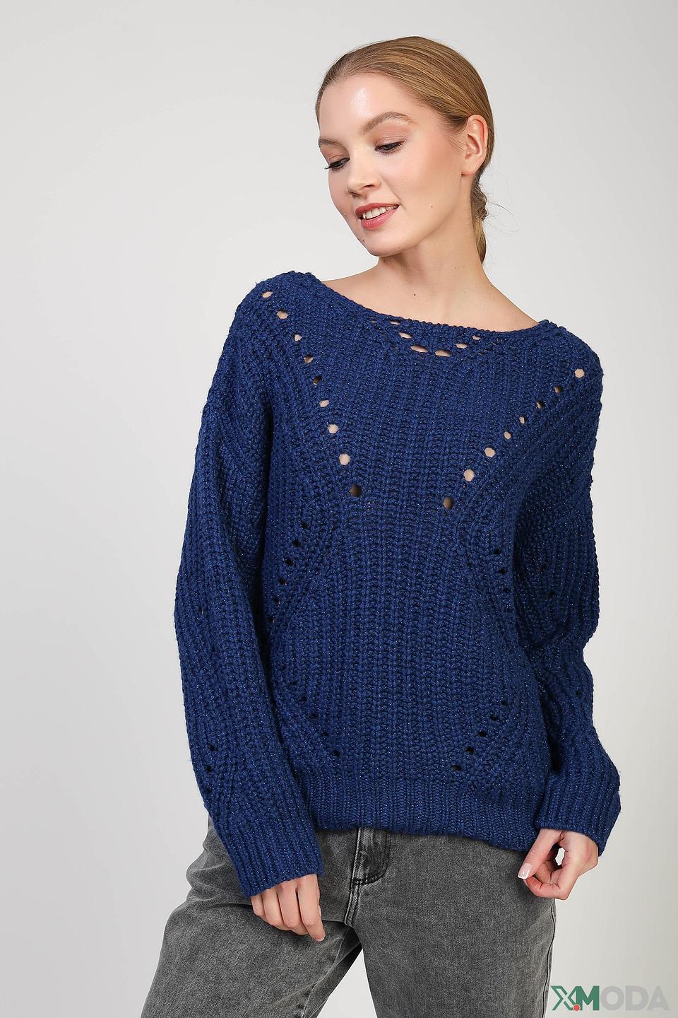 Пуловер Set с ажурной горловиной синий