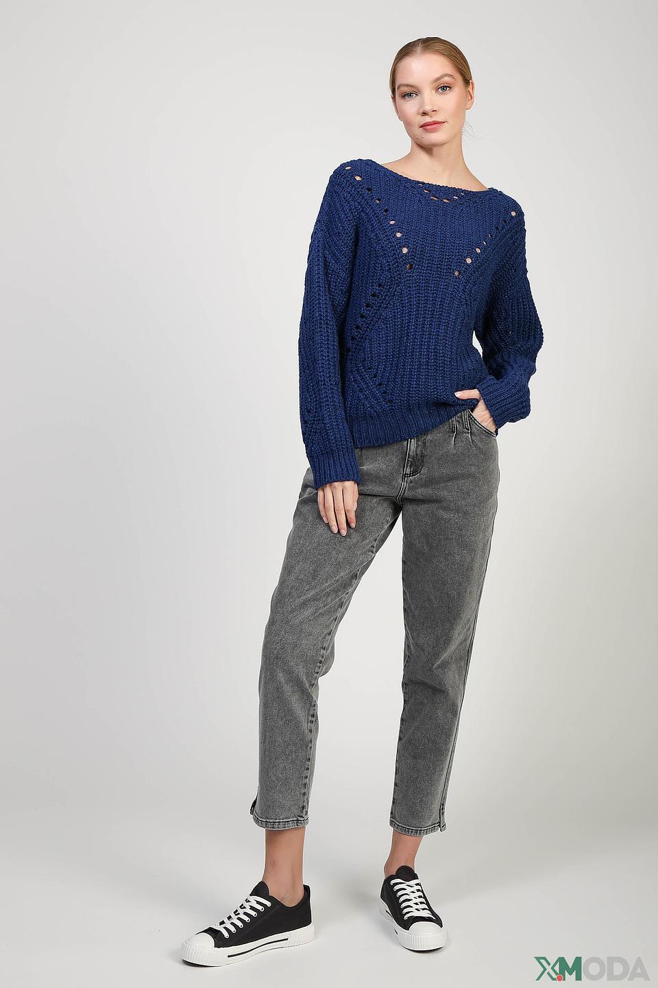 Пуловер Set с ажурной горловиной синий