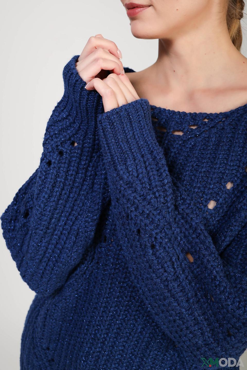 Пуловер Set с ажурной горловиной синий