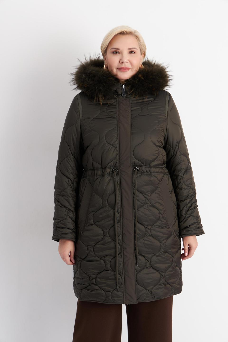 Оливковое стеганое пальто Betty Barclay outdoor с меховой отделкой