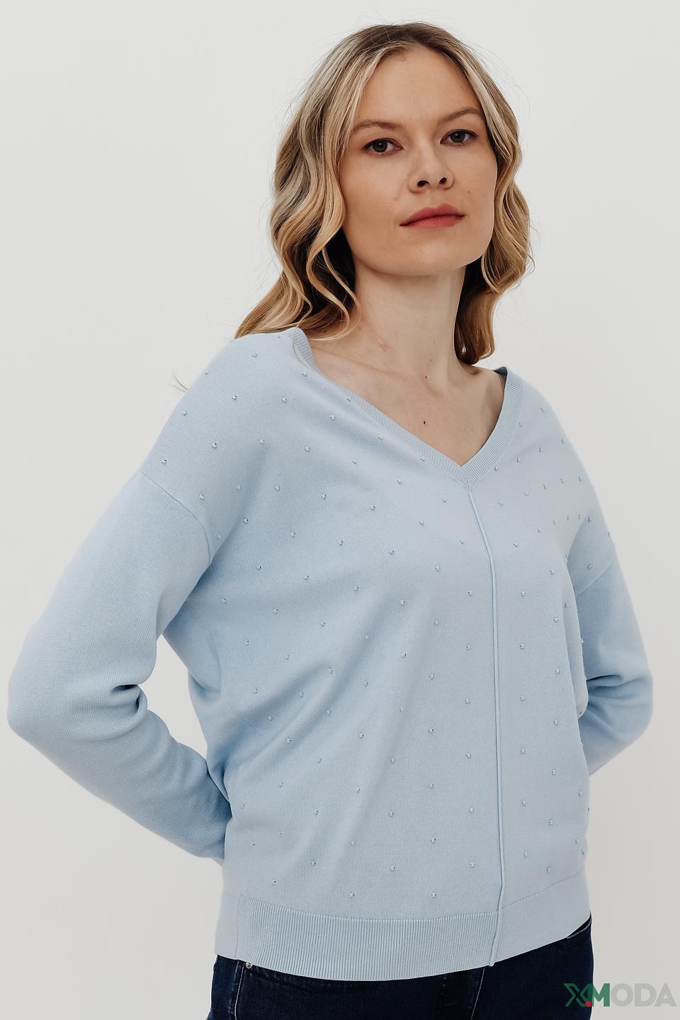 Пуловер Pezzo голубой с бусинами