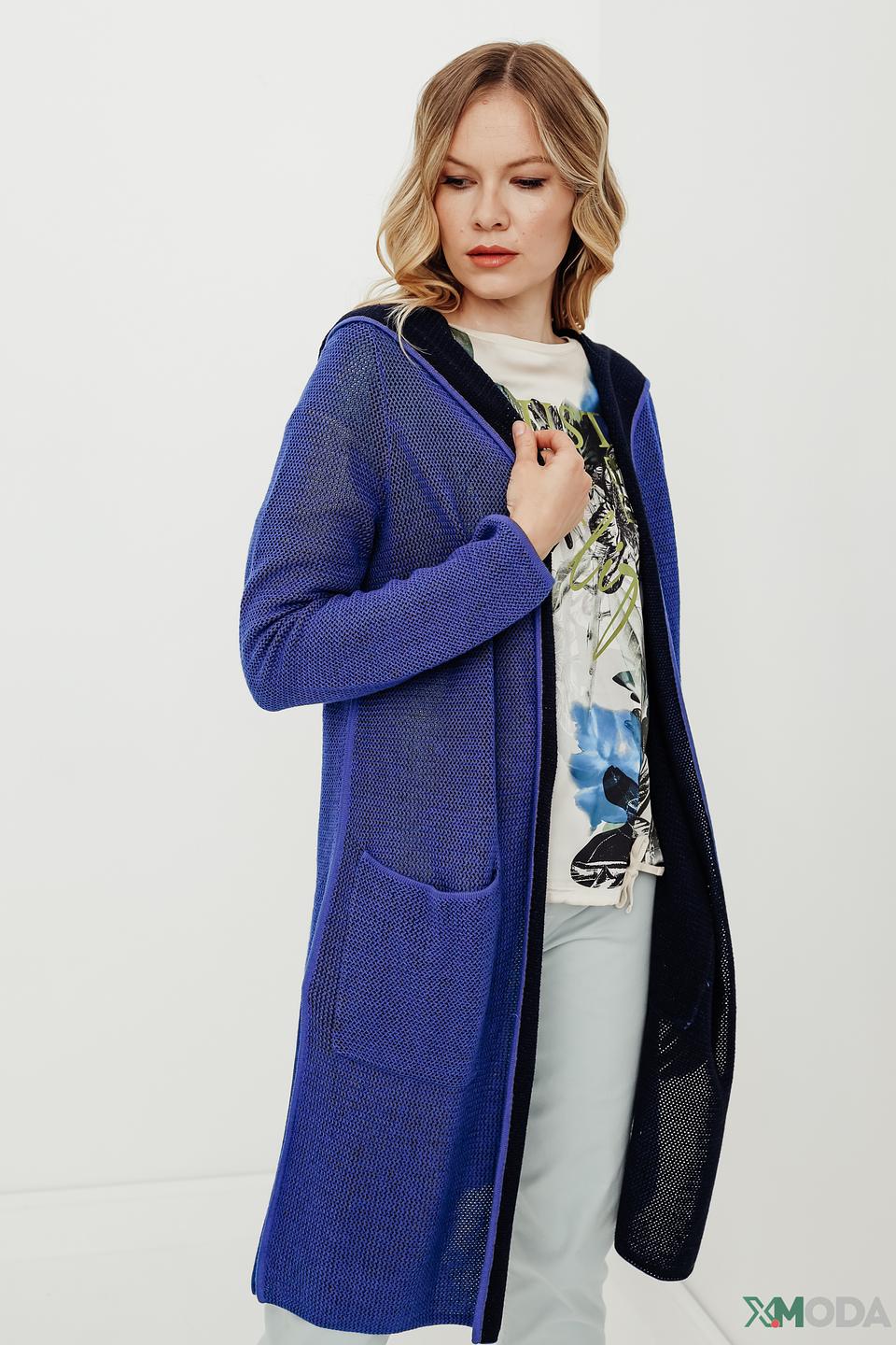 Кардиган Oui вязаный синий с капюшоном