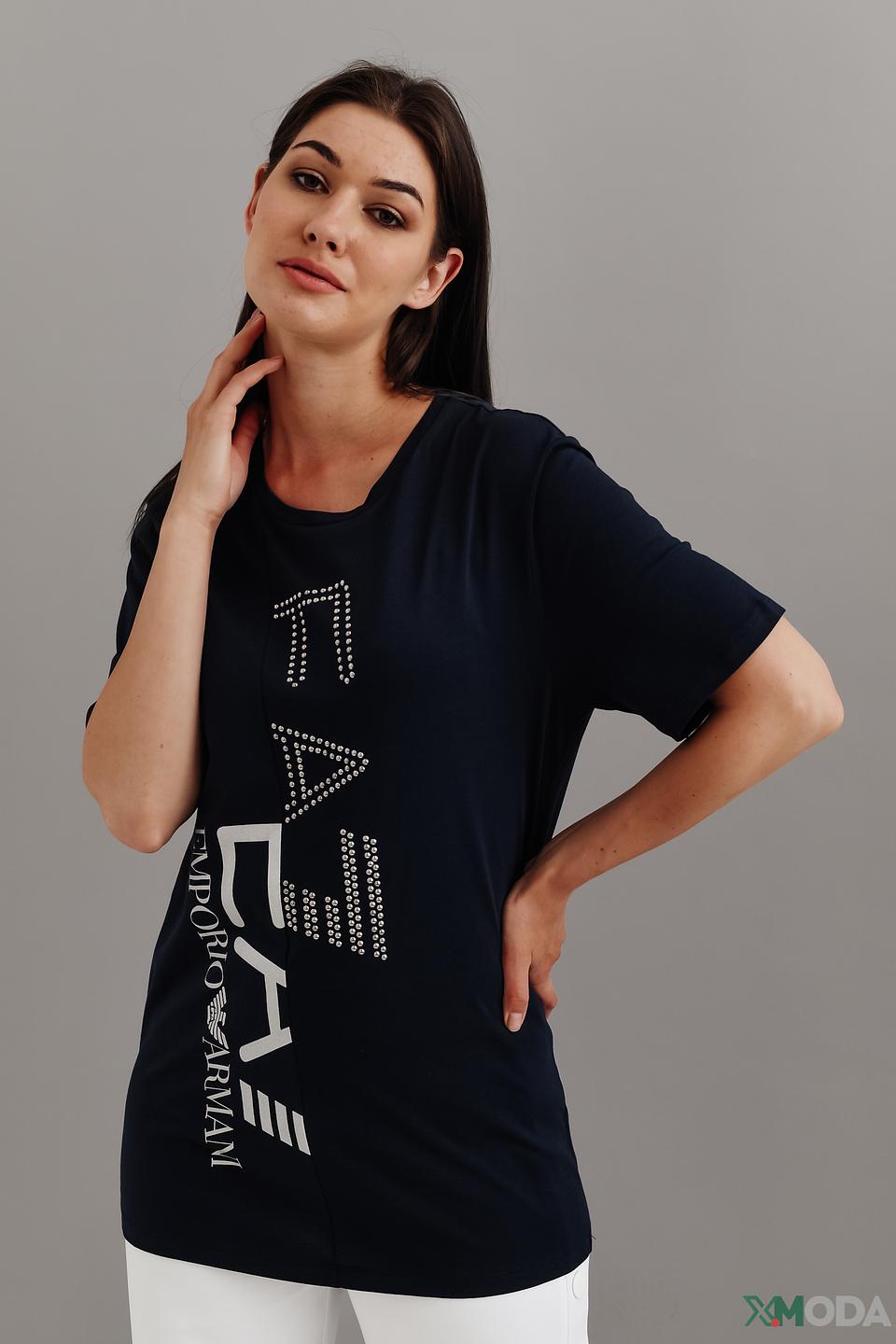 Футболка EA7 женская с логотипами, темно-синяя