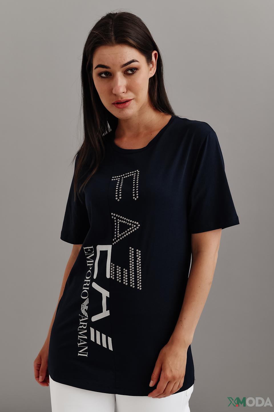 Футболка EA7 женская с логотипами, темно-синяя