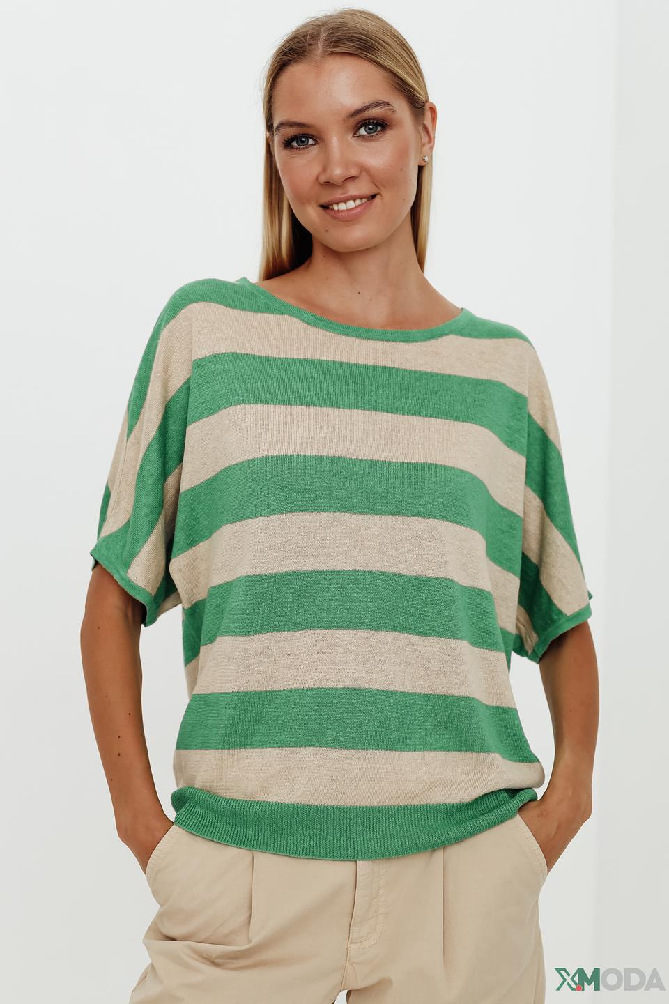 Пуловер Oui в полоску бежево-зелёный