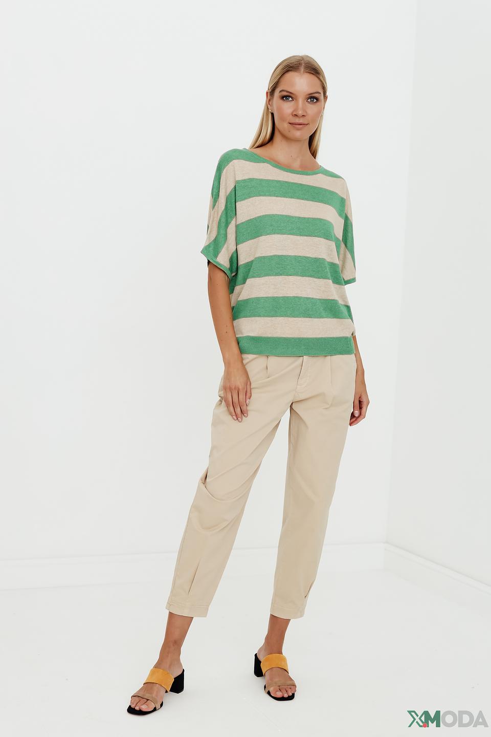 Пуловер Oui в полоску бежево-зелёный