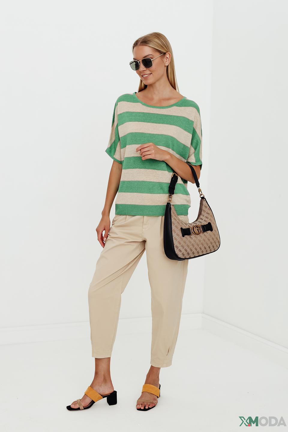 Пуловер Oui в полоску бежево-зелёный