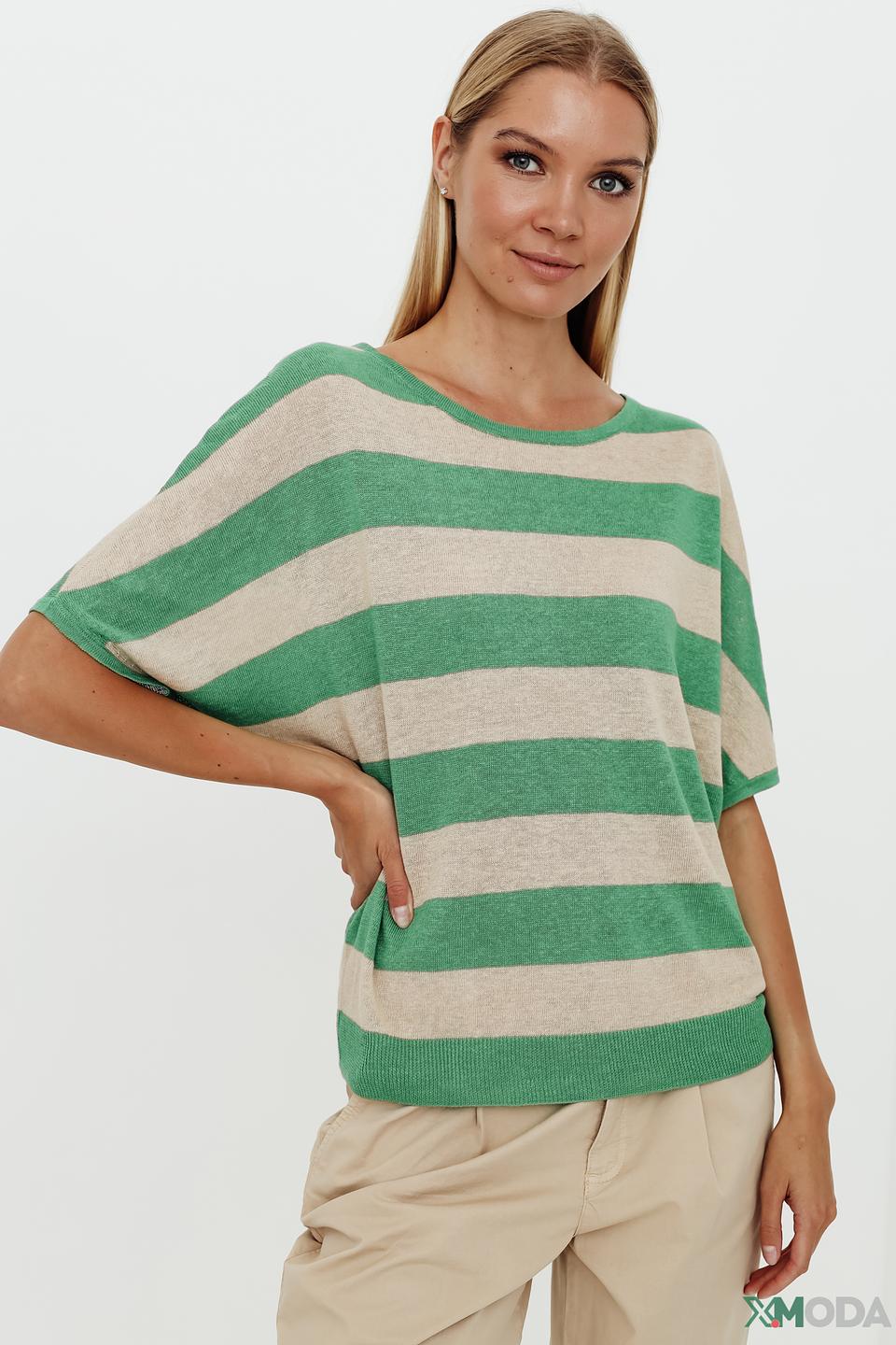 Пуловер Oui в полоску бежево-зелёный