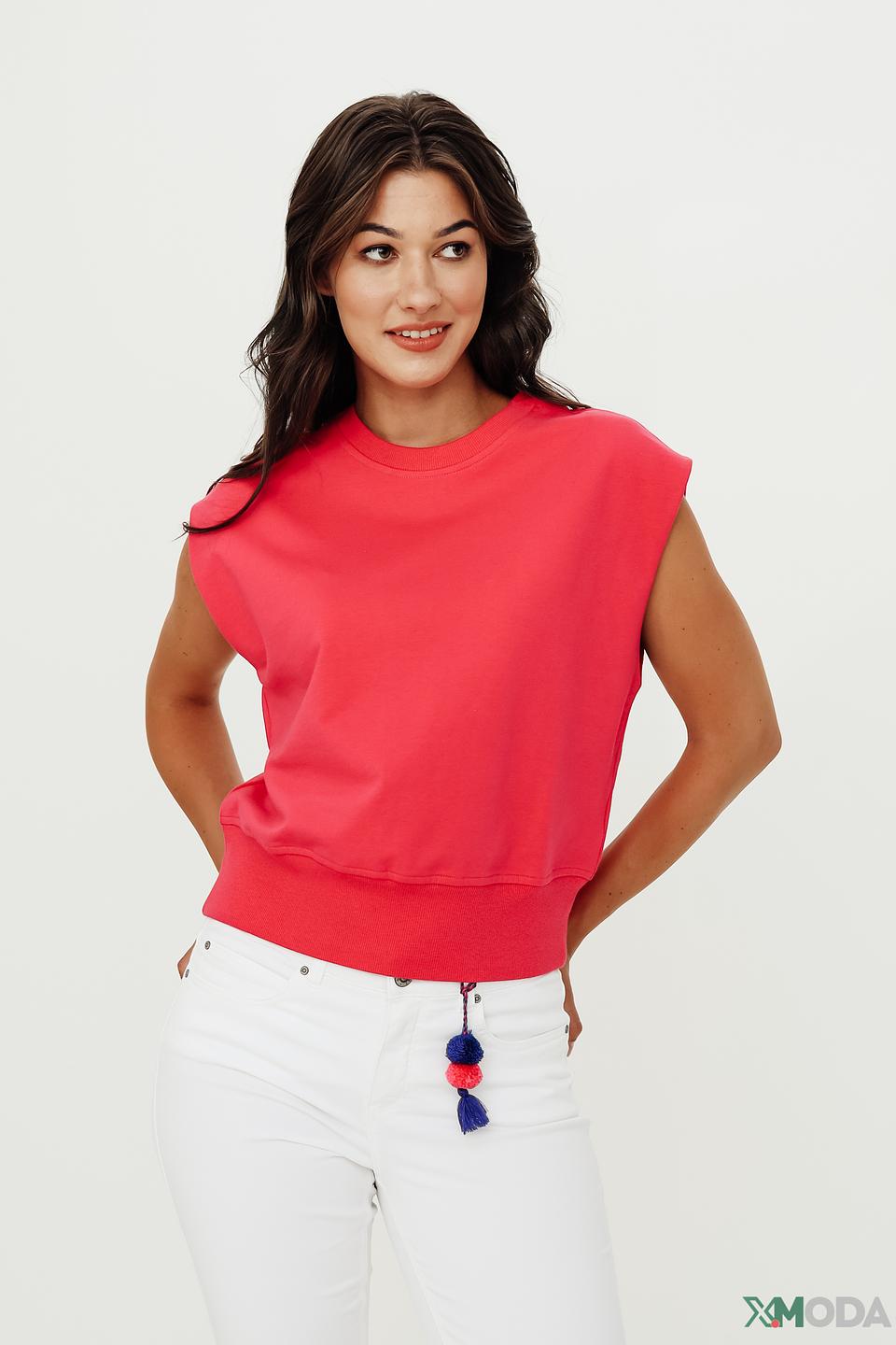 Топ Taifun малиновый без рукавов с помпонами