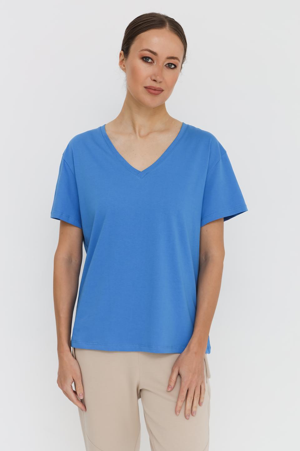 Футболка UNQ женская голубая V-образный вырез