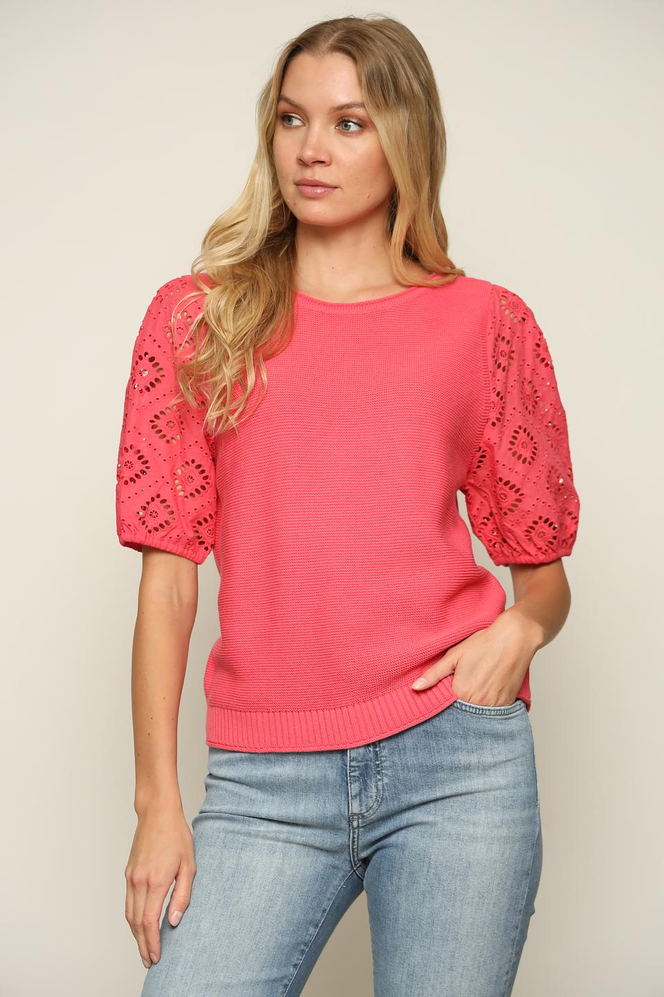 Пуловер Oui с ажурными рукавами коралловый