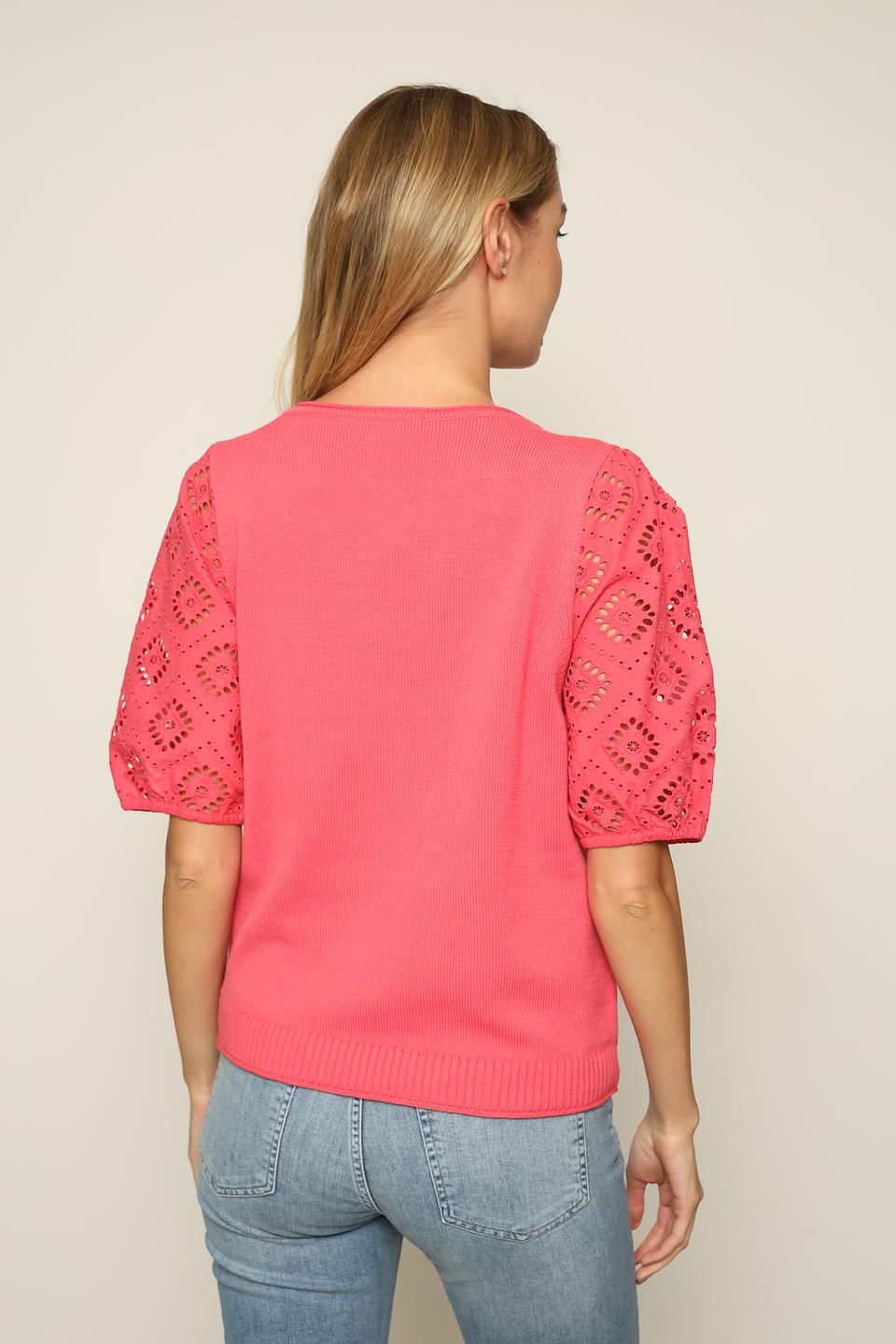 Пуловер Oui с ажурными рукавами коралловый