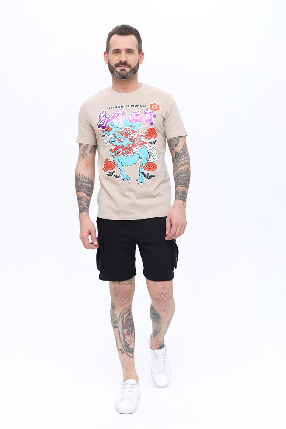 Футболка Alcott с принтом Katsushika Hokusai бежевая