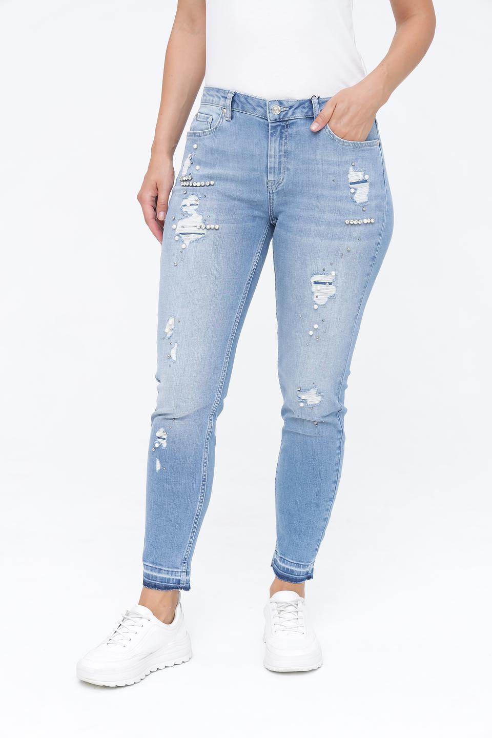 Джинсы Monari с потертостями и жемчугом голубые