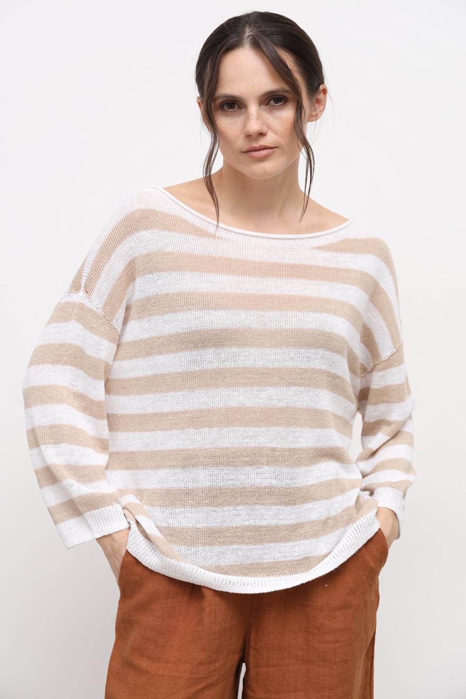 Пуловер Oui в полоску бежевый