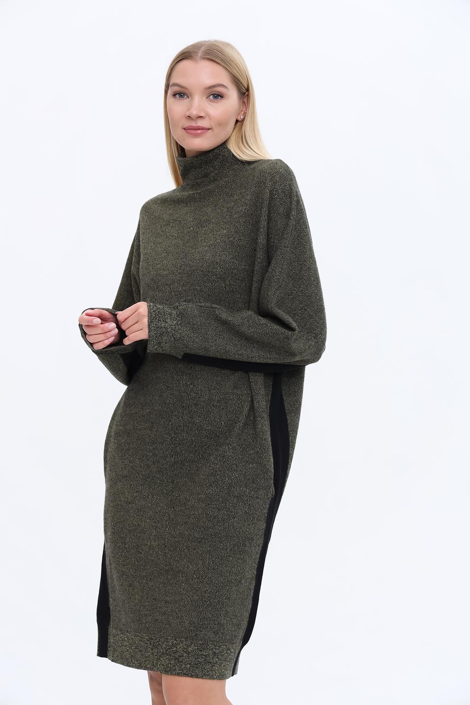 Платье UNQ шерсть хаки с черными вставками