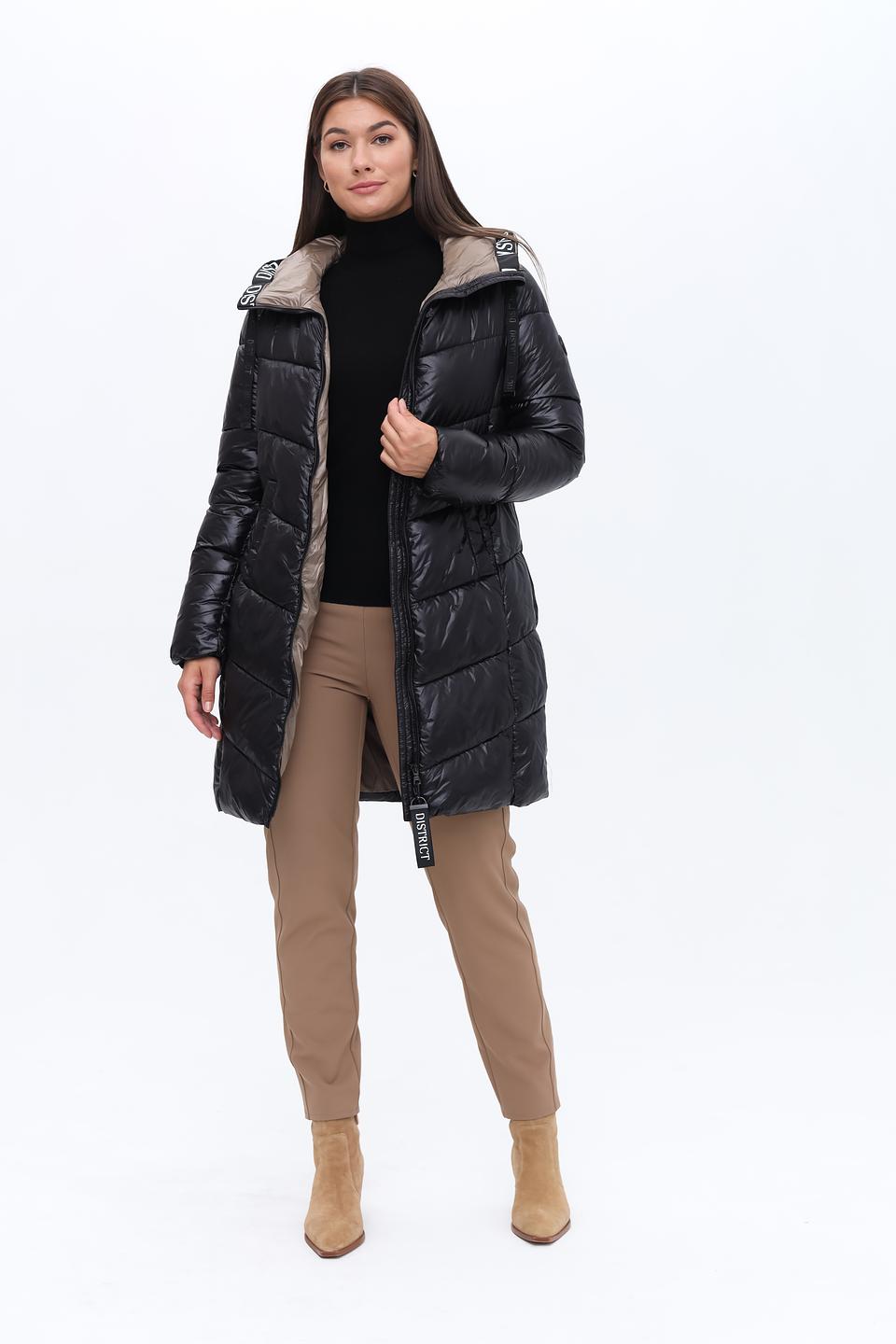 Пальто District стеганое чёрно-бежевое