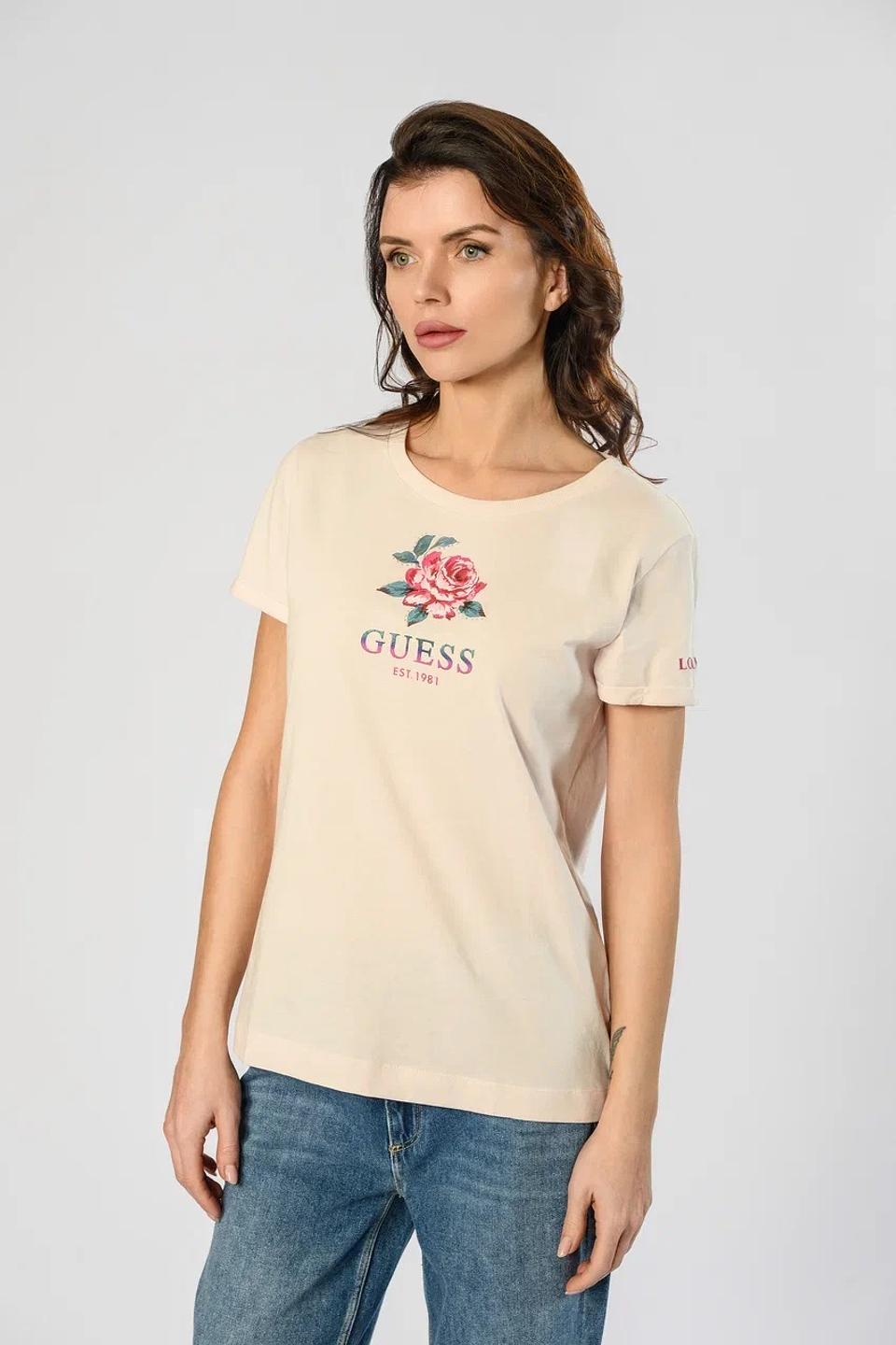 Футболка Guess с розой бежевая