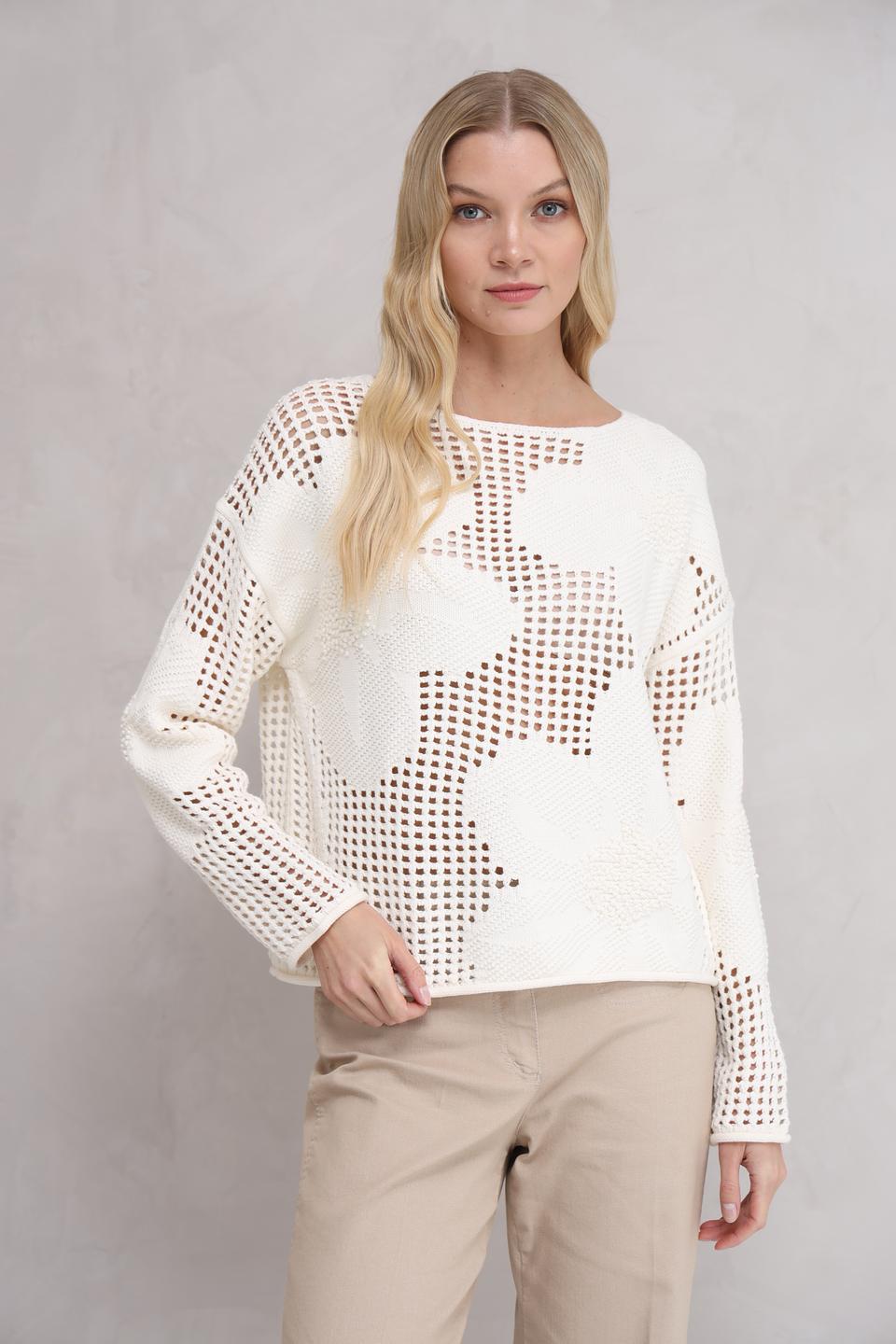 Пуловер Oui с ажурной вставкой молочный