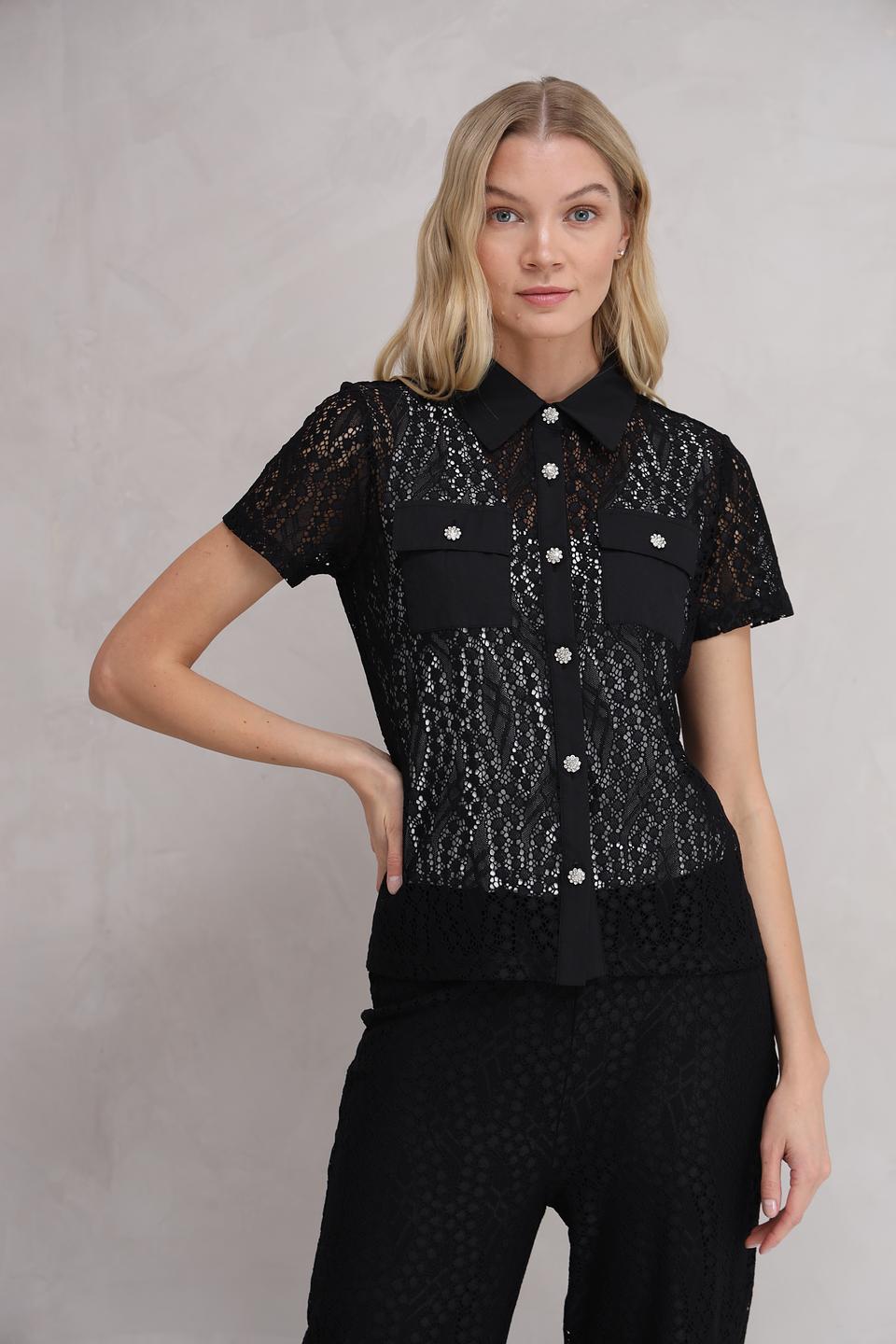 Блуза Marc Aurel с кружевом и камнями черная