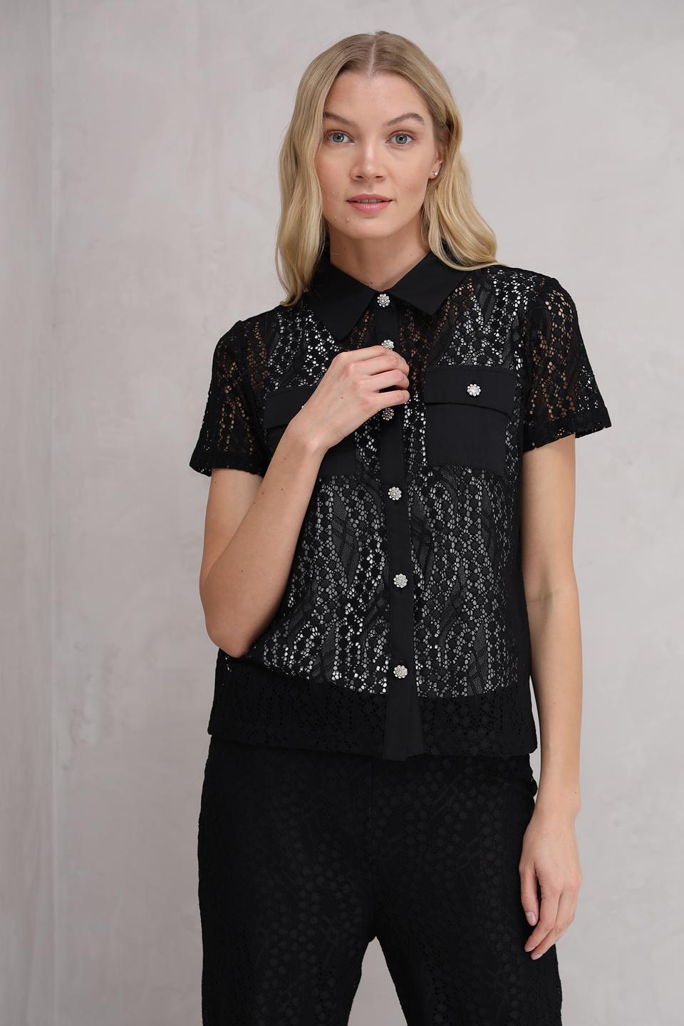 Блуза Marc Aurel с кружевом и камнями черная