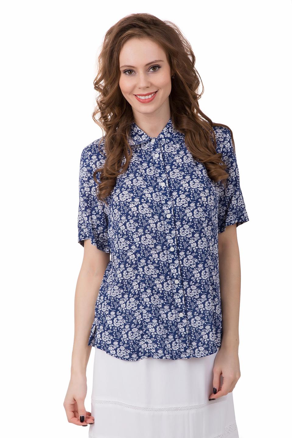 Блуза Pezzo синяя с коротким рукавом и цветочным принтом