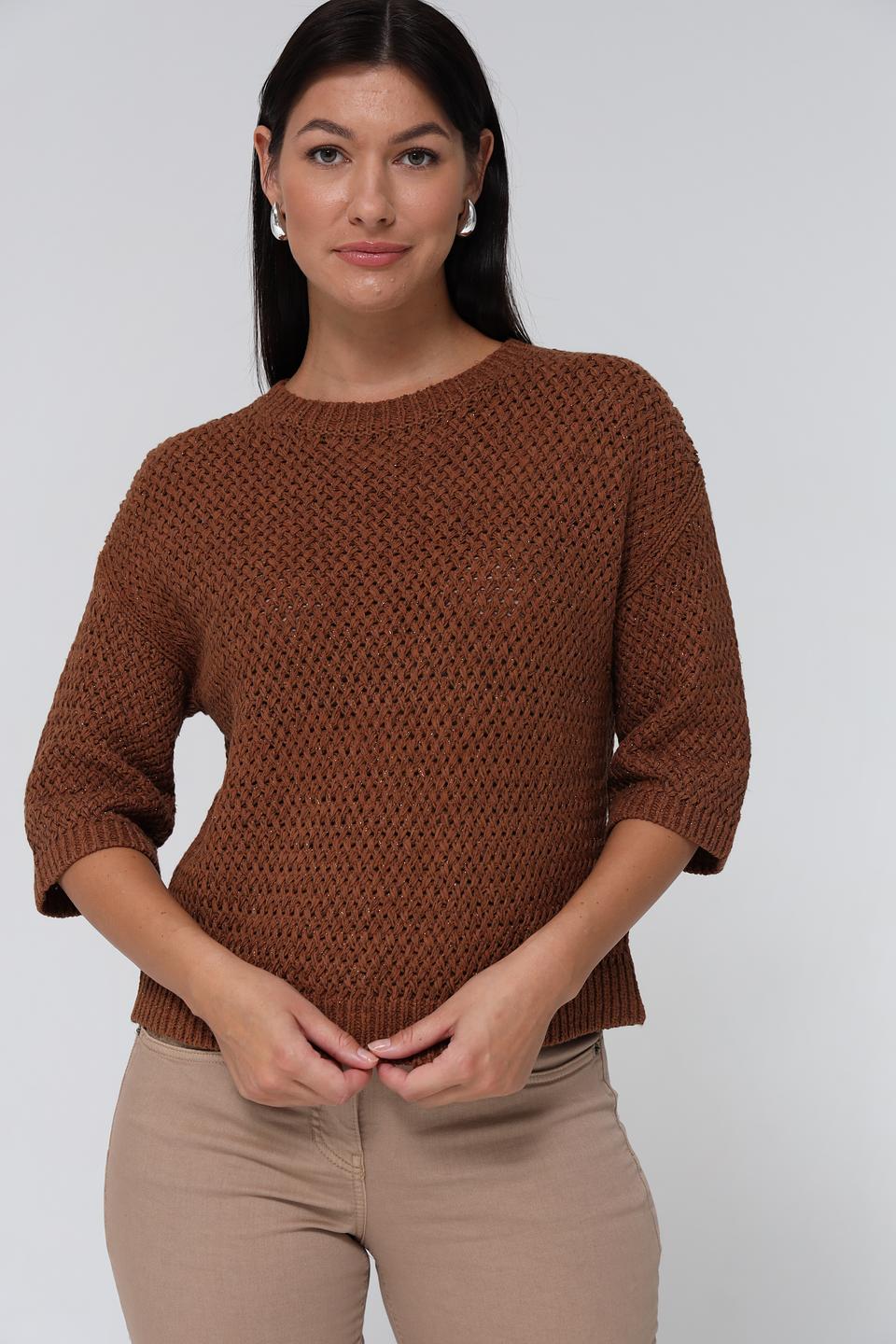 Пуловер Lecomte коричневый с ажурной вязкой