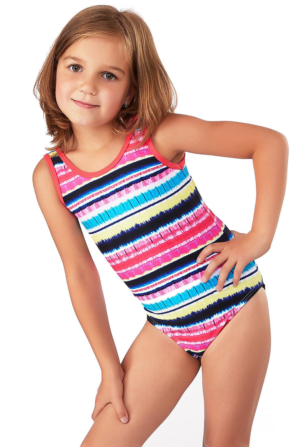 Детский купальник Lowry разноцветный в полоску с красной окантовкой