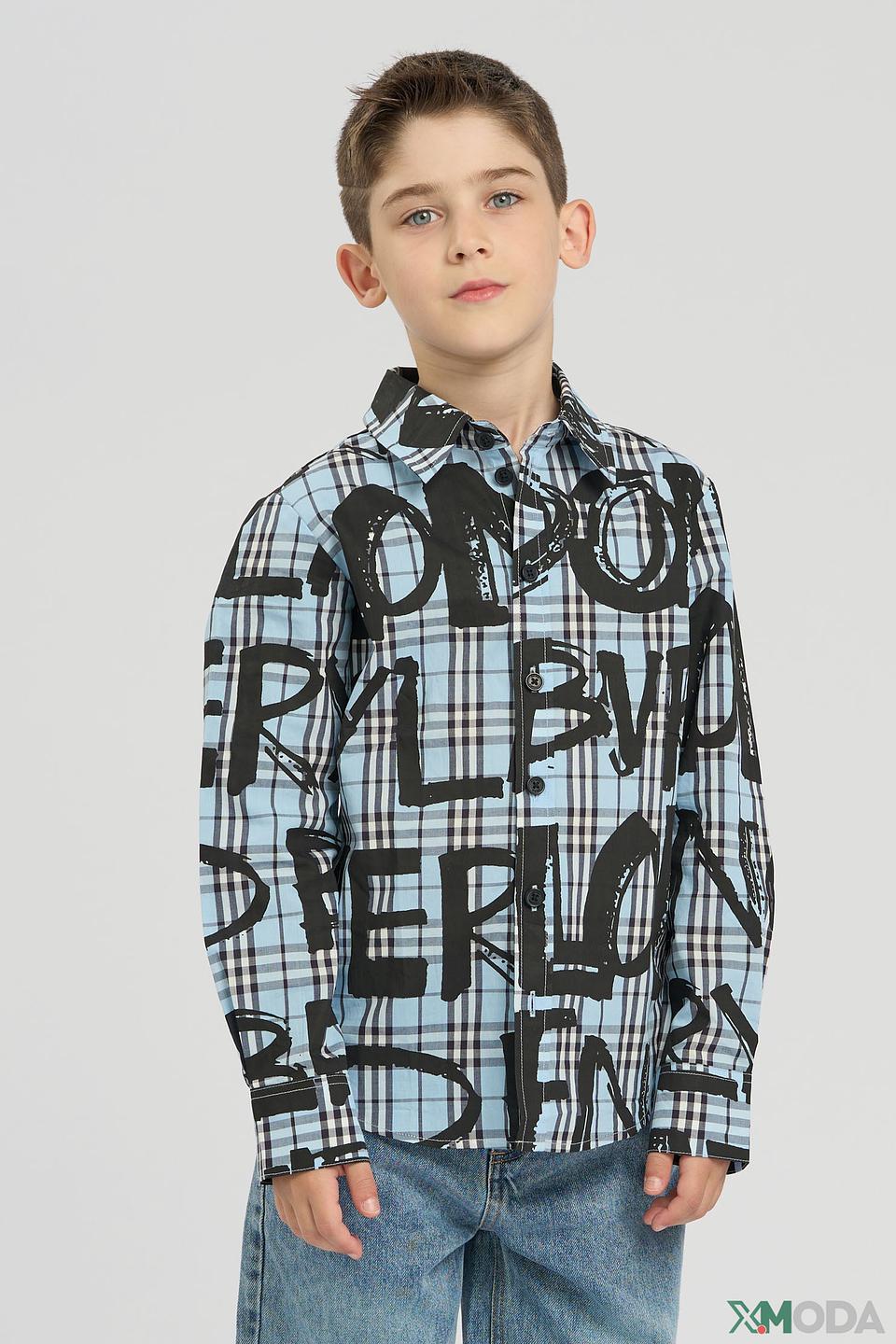 Рубашка Choupette голубая в клетку с черными буквами для мальчика
