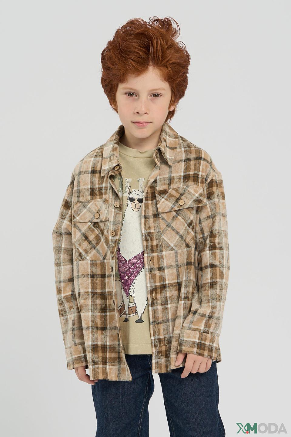 Рубашка Choupette детская в клетку бежево-коричневая, с карманами