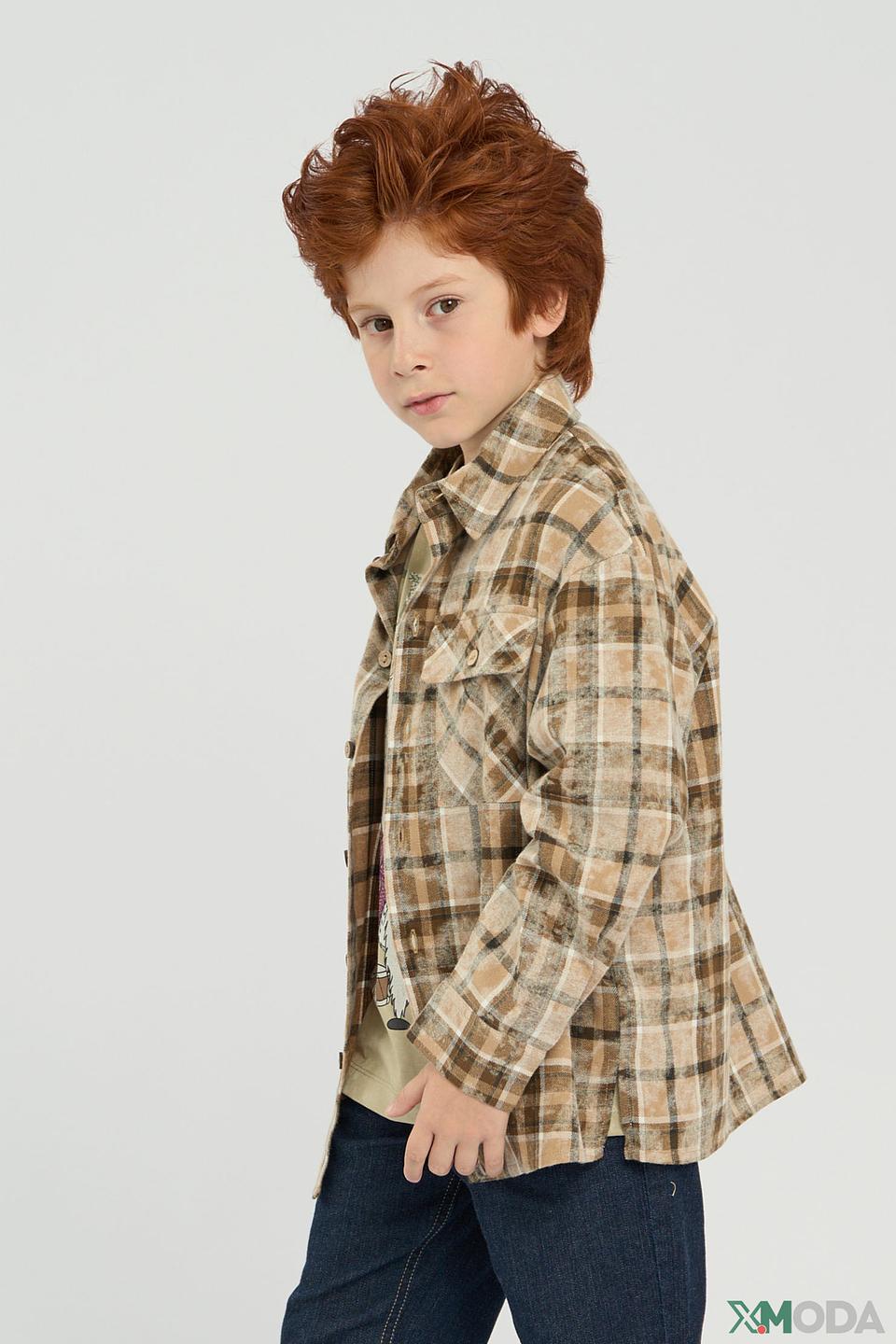 Рубашка Choupette детская в клетку бежево-коричневая, с карманами