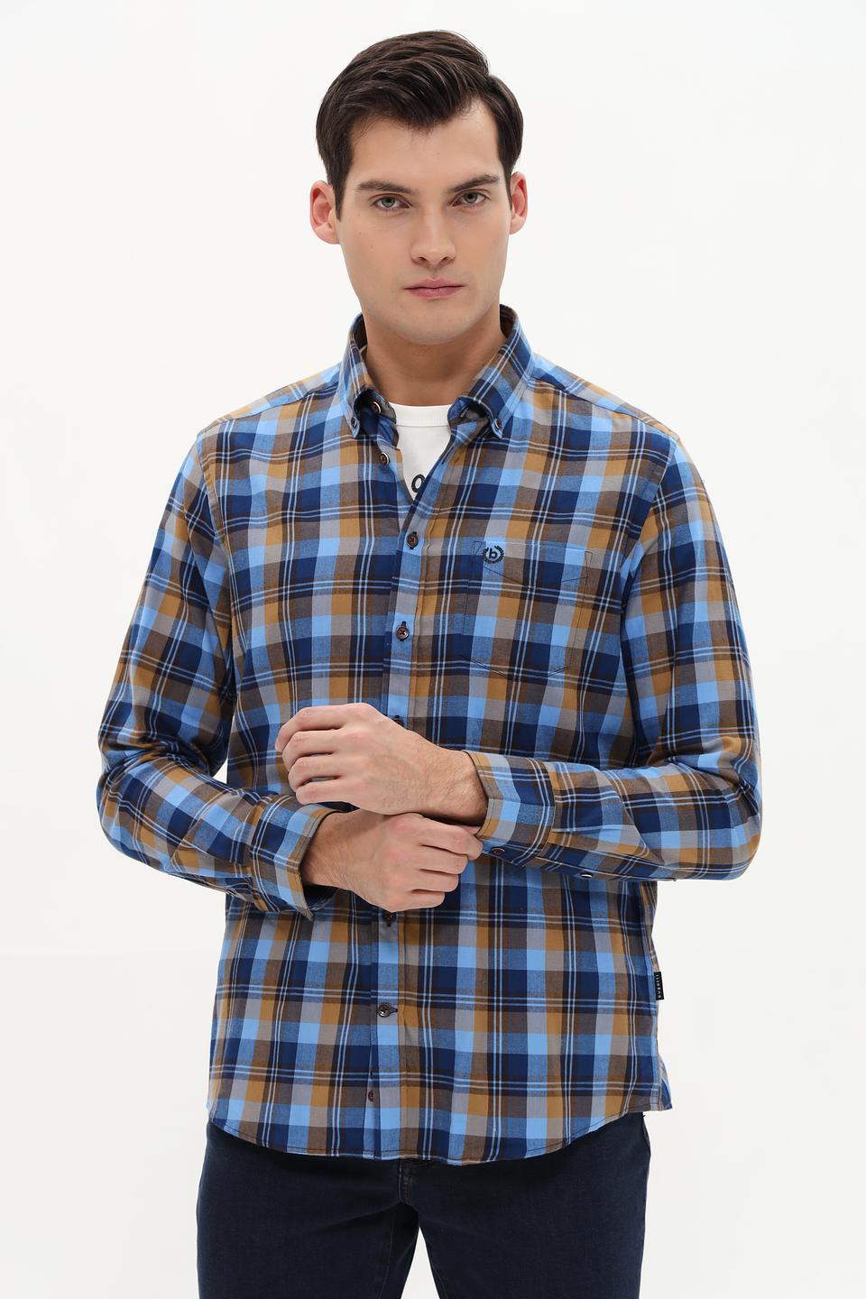 Рубашка Bugatti в клетку сине-горчичная