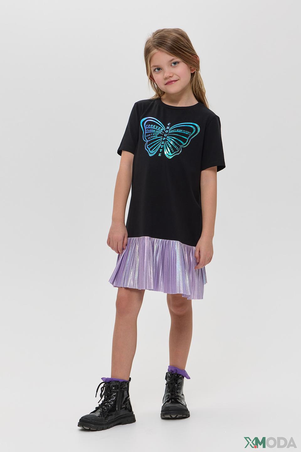 Платье Choupette чёрное с ирисцентной бабочкой и плиссированным подолом