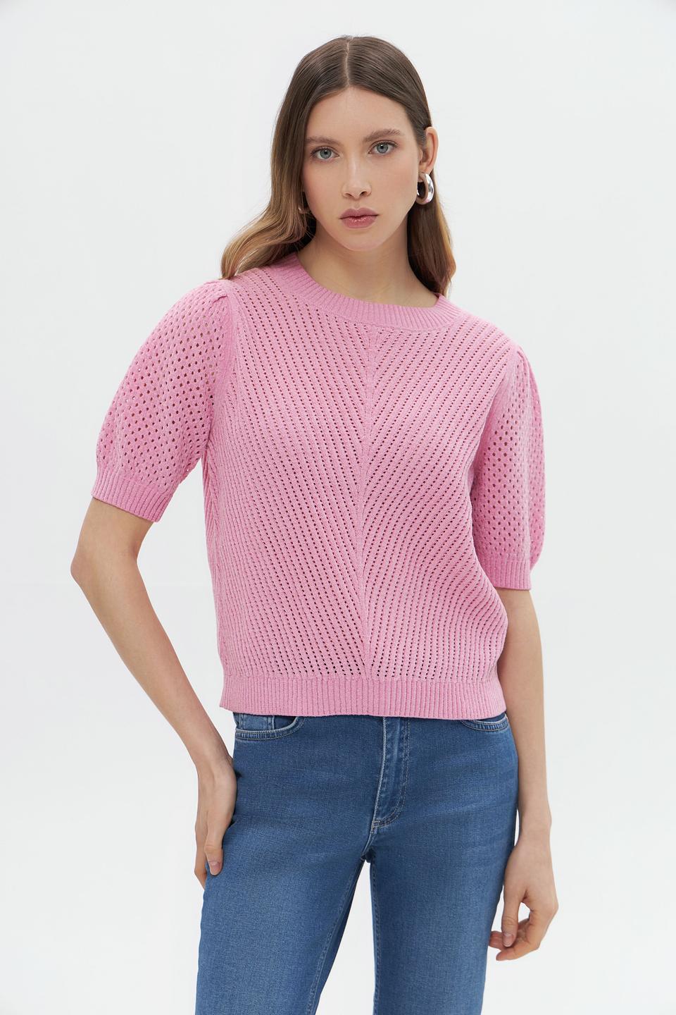 Пуловер Monari розовый с ажурной вязкой