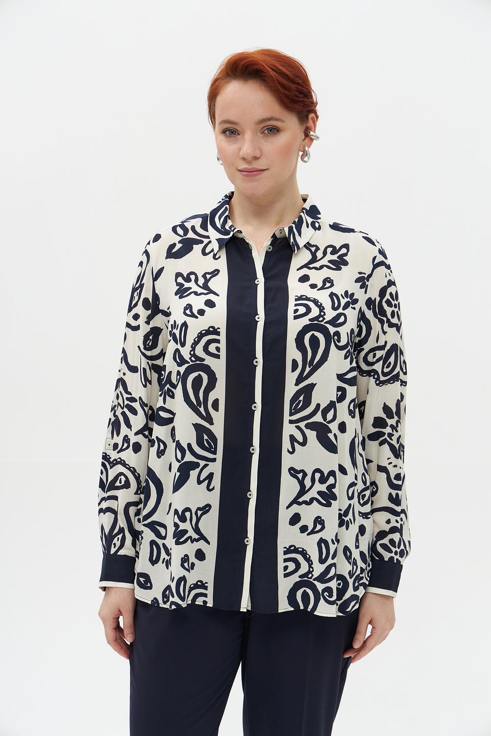Блуза Frapp с принтом бежево-синяя