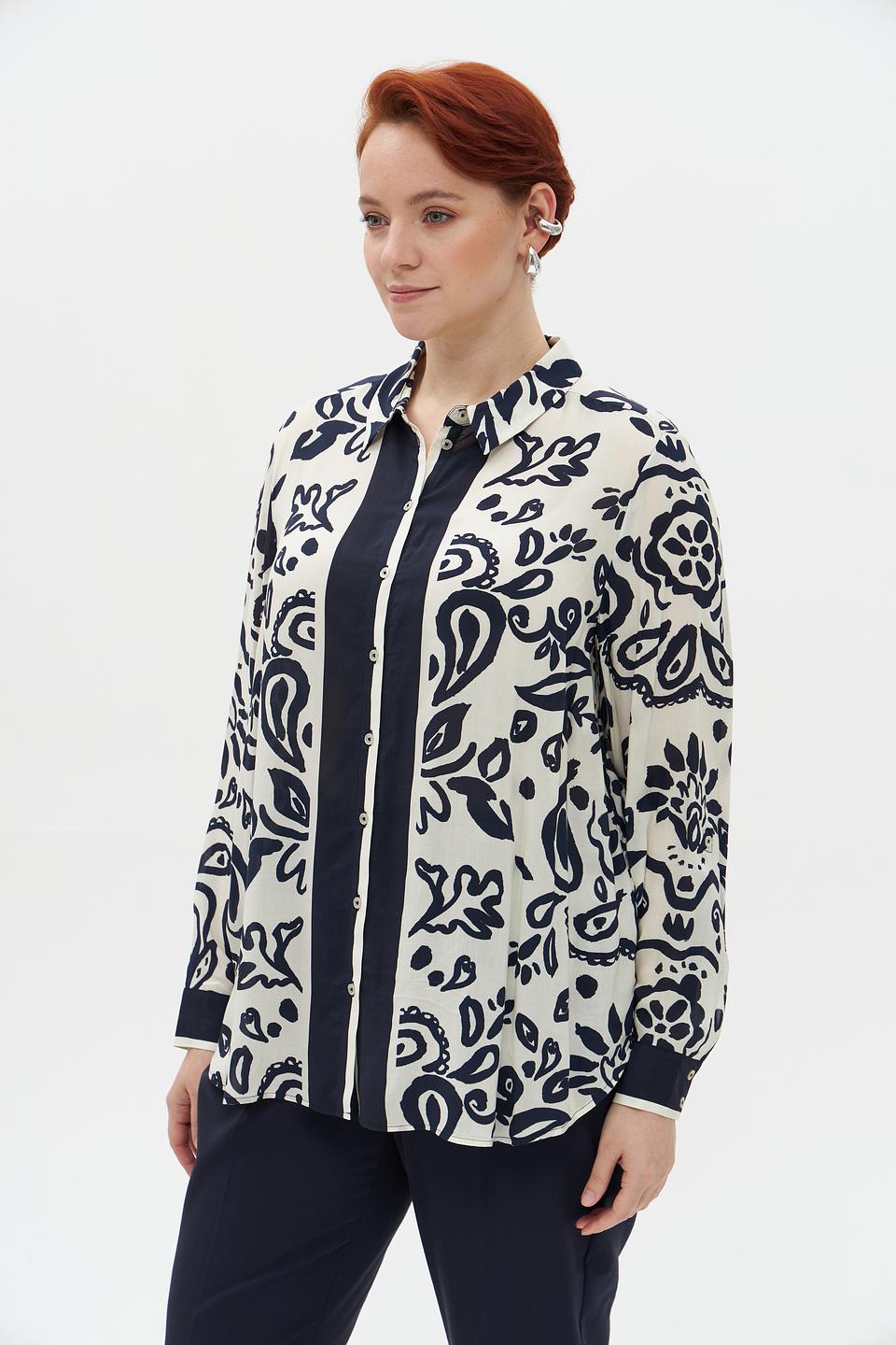 Блуза Frapp с принтом бежево-синяя