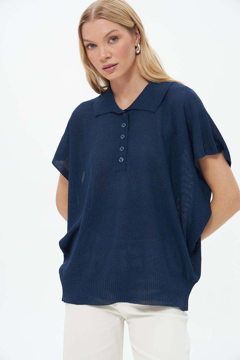 Пуловер Croche с воротником-поло тёмно-синий