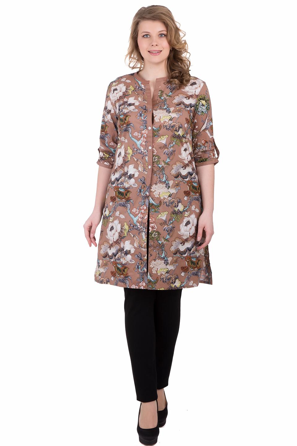 Блуза Pezzo туника, коричневая с цветочным принтом, рукава 3/4