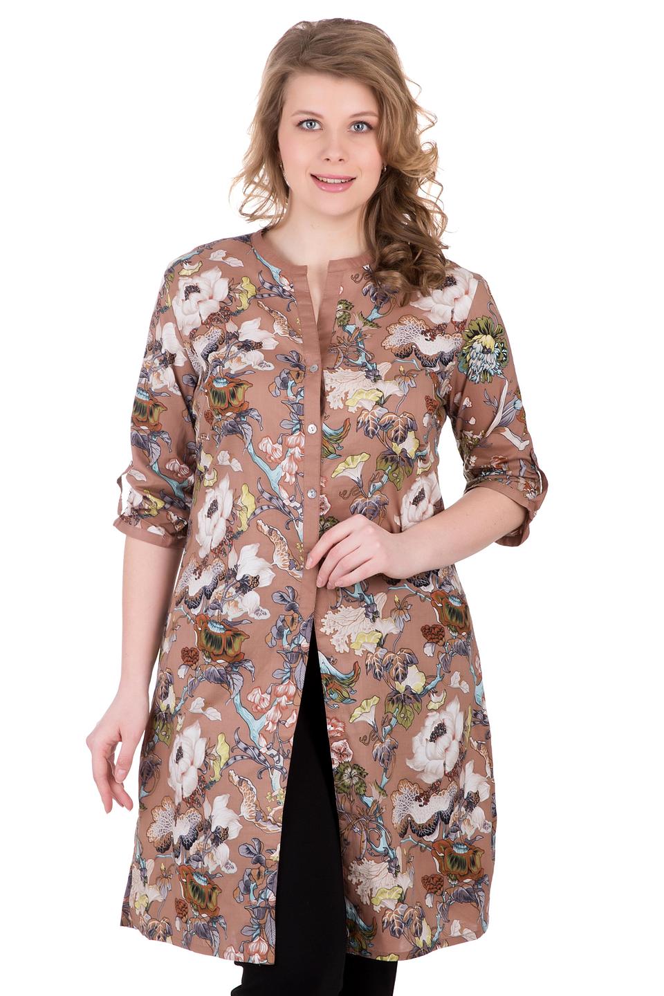 Блуза Pezzo туника, коричневая с цветочным принтом, рукава 3/4