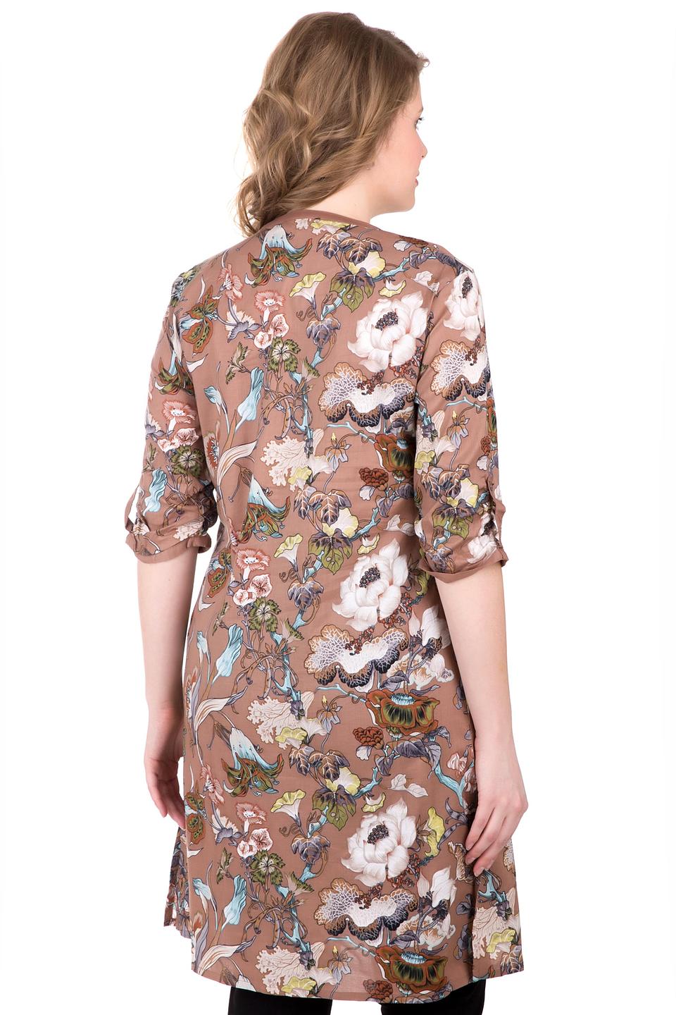 Блуза Pezzo туника, коричневая с цветочным принтом, рукава 3/4