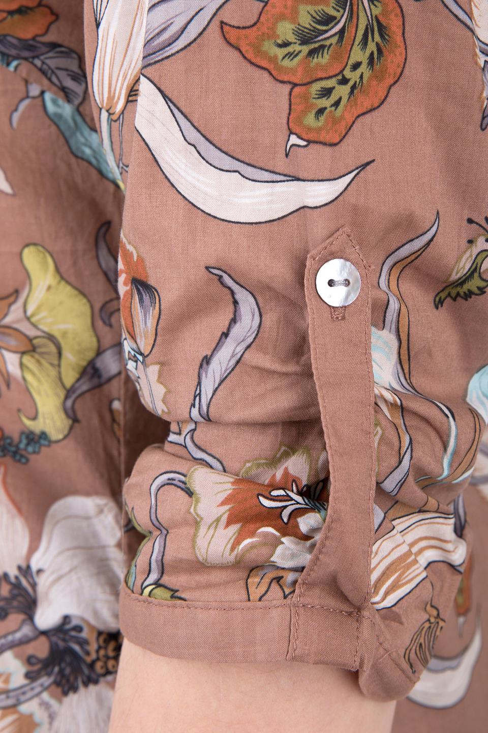 Блуза Pezzo туника, коричневая с цветочным принтом, рукава 3/4