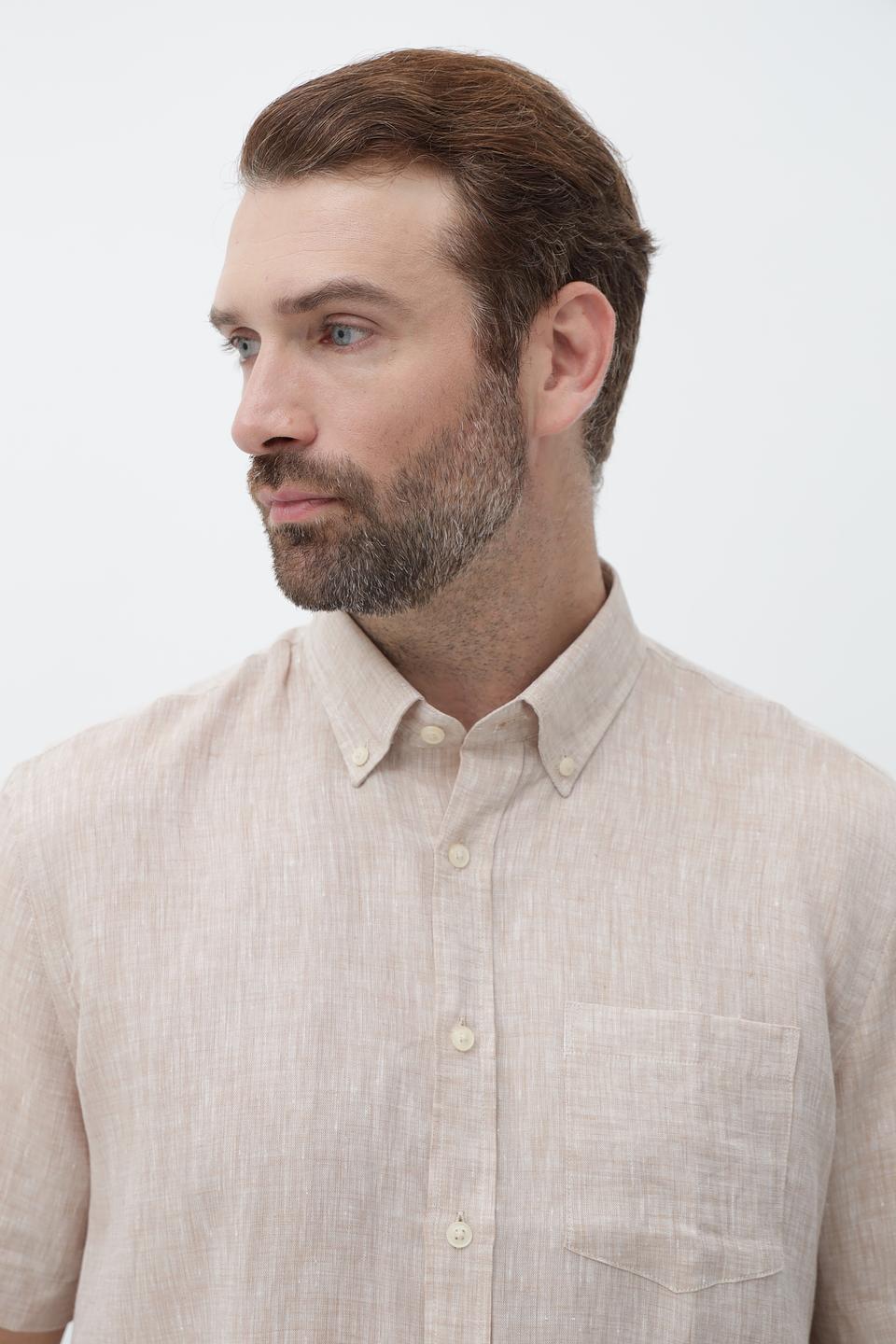 Рубашка кр Bugatti лен бежевый