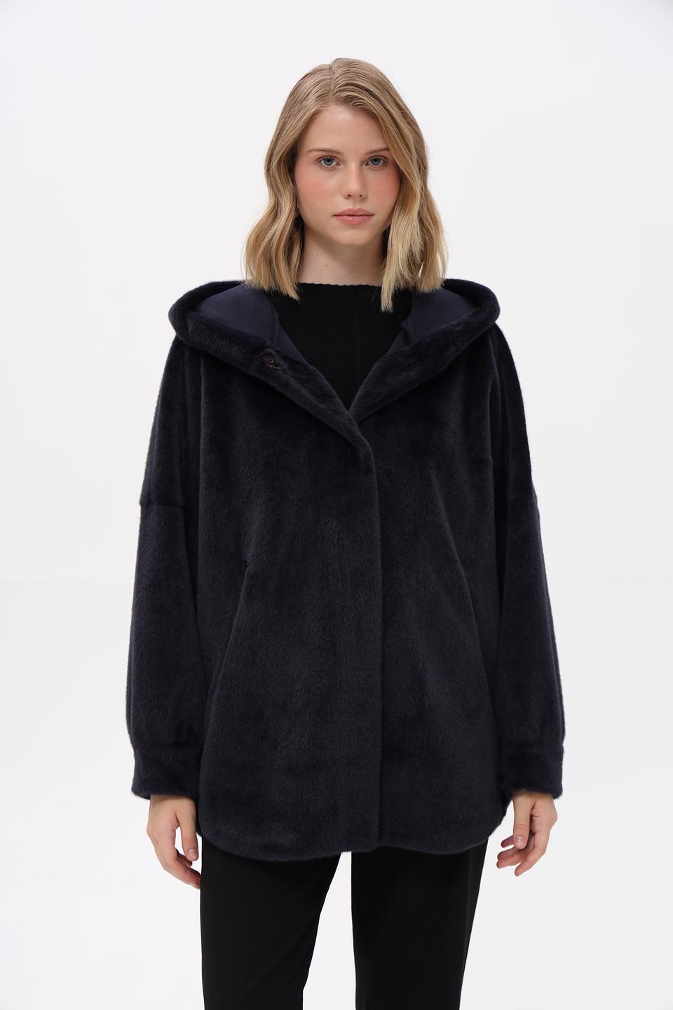 Шуба Electra style с капюшоном тёмно-синяя