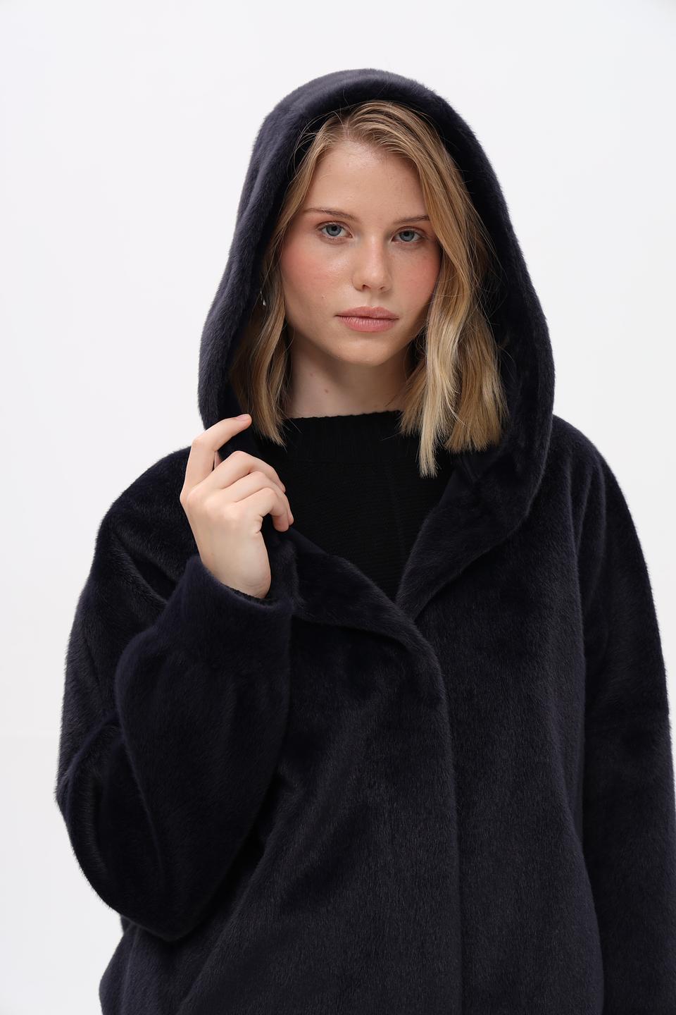 Шуба Electra style с капюшоном тёмно-синяя