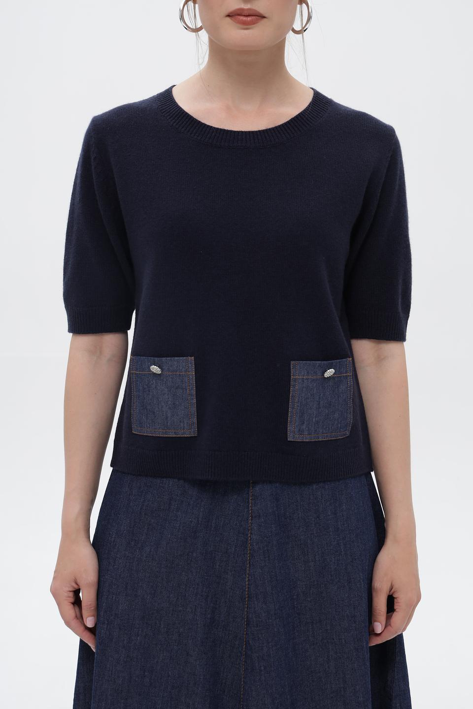 Пуловер Oui темно-синий с джинсовыми карманами и кнопками
